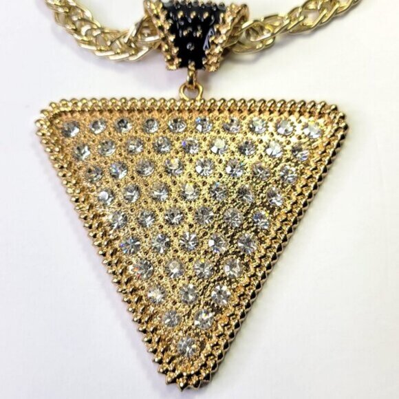 Gold and Crystal Triangular Pendant Bib Choker Necklace - Picture 13 of 13